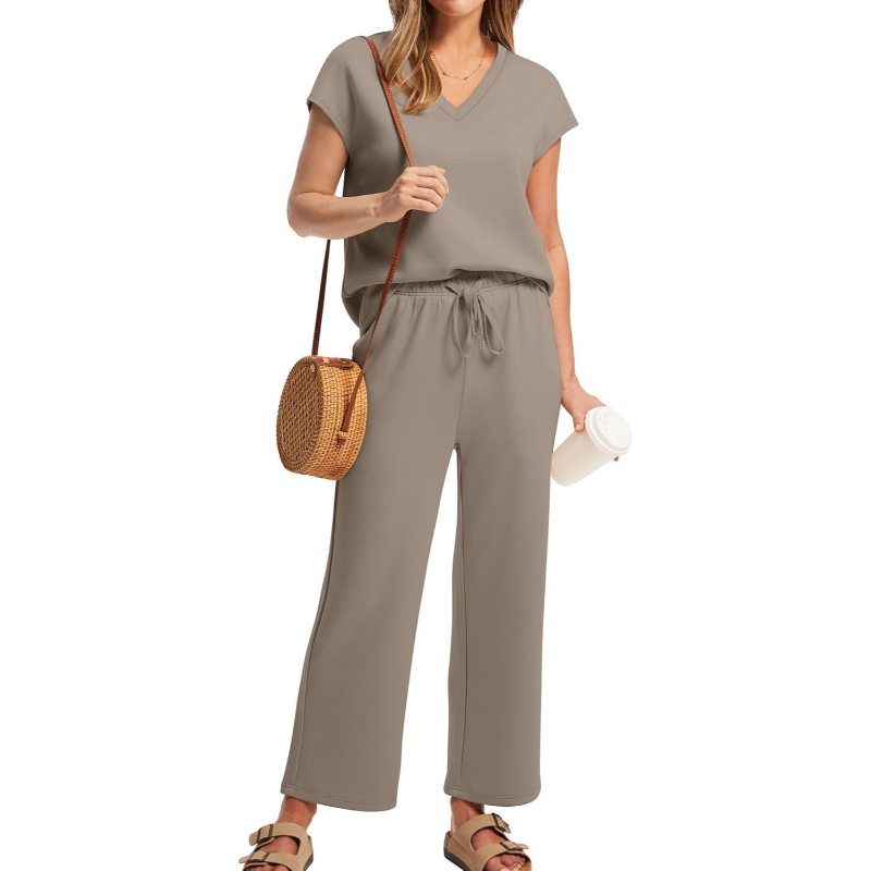 Two Piece Lounge Sets For Women With Summer Short Sleeve Top And Wide Pants