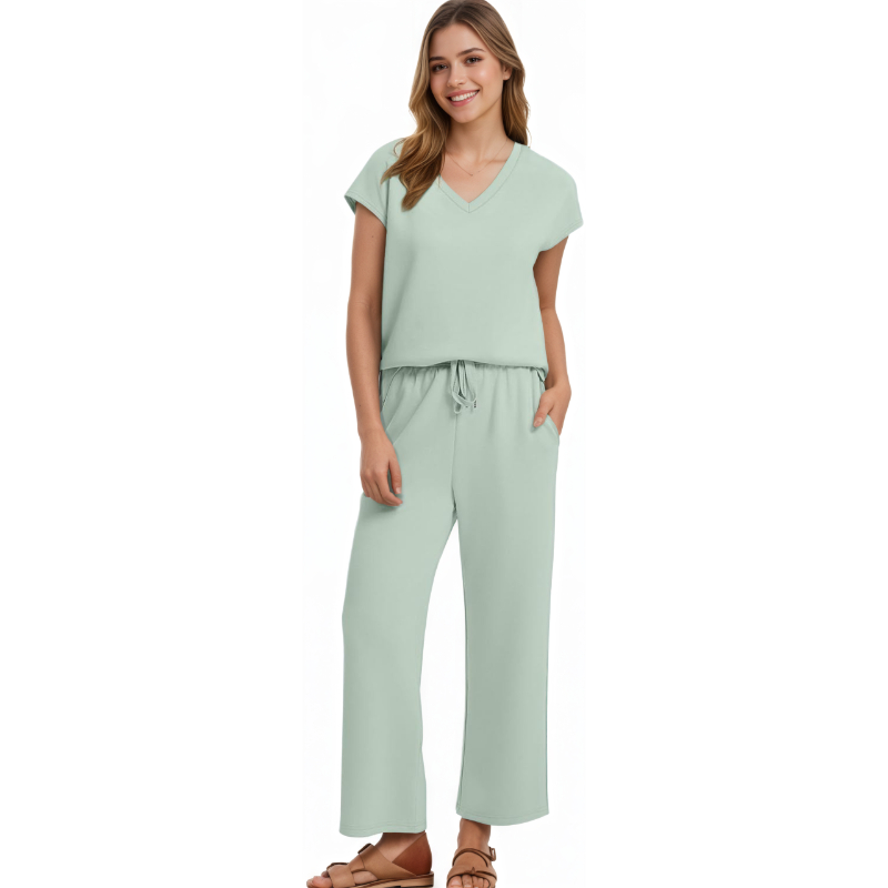 Two Piece Lounge Sets For Women With Summer Short Sleeve Top And Wide Pants