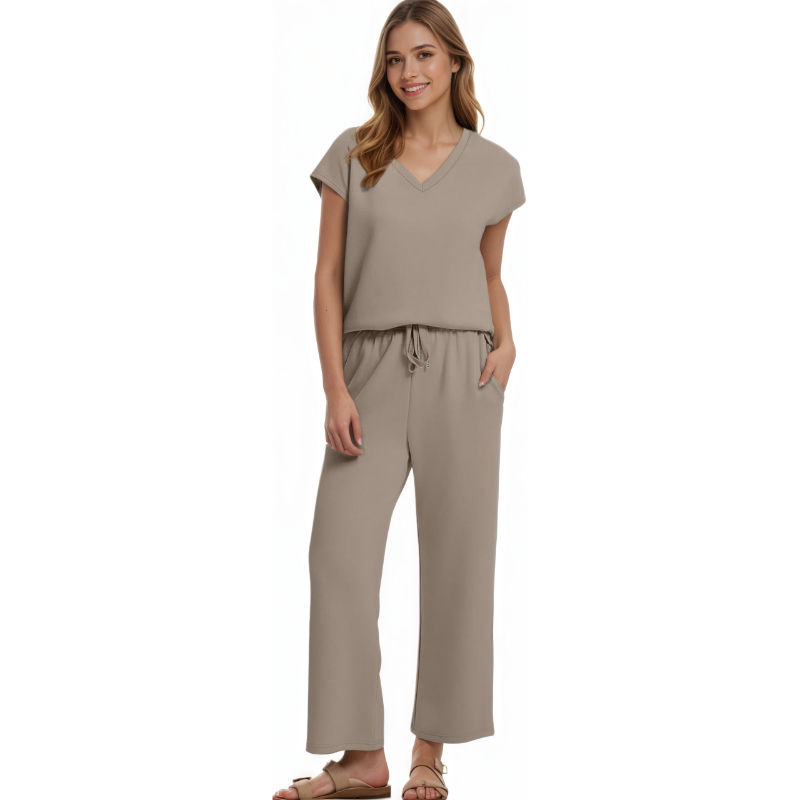 Two Piece Lounge Sets For Women With Summer Short Sleeve Top And Wide Pants