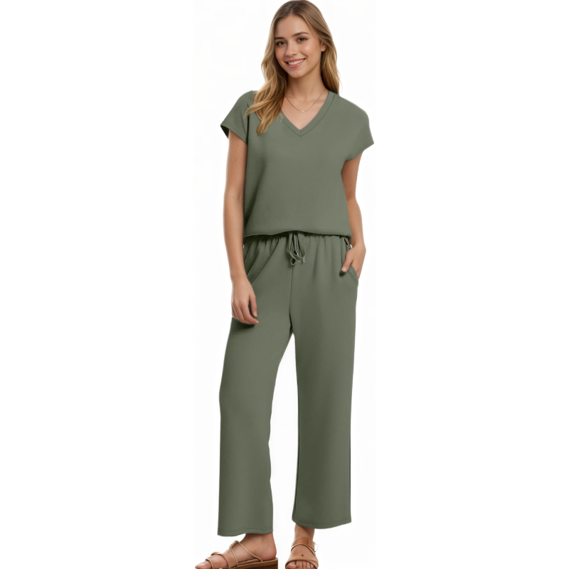 Two Piece Lounge Sets For Women With Summer Short Sleeve Top And Wide Pants