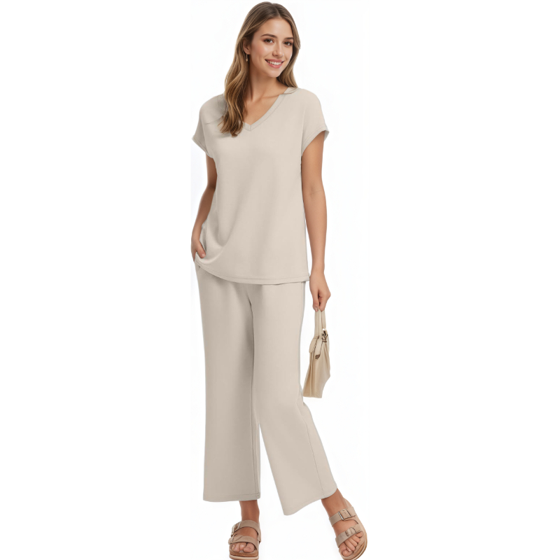 Two Piece Lounge Sets For Women With Summer Short Sleeve Top And Wide Pants