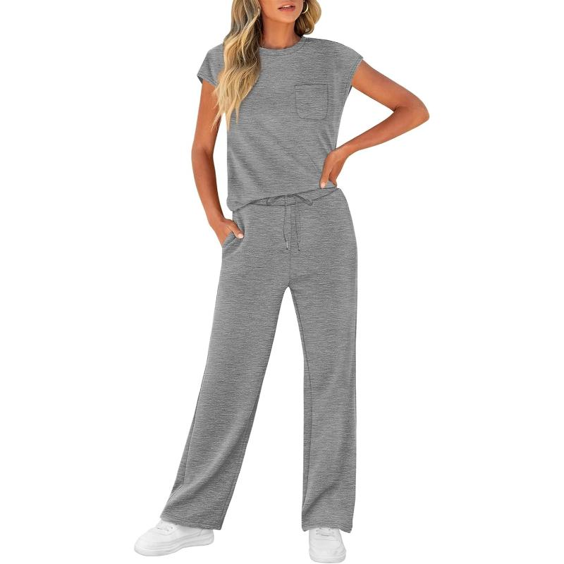 Two Piece Lounge Sets For Women With Cap Sleeve Top And Matching Pants