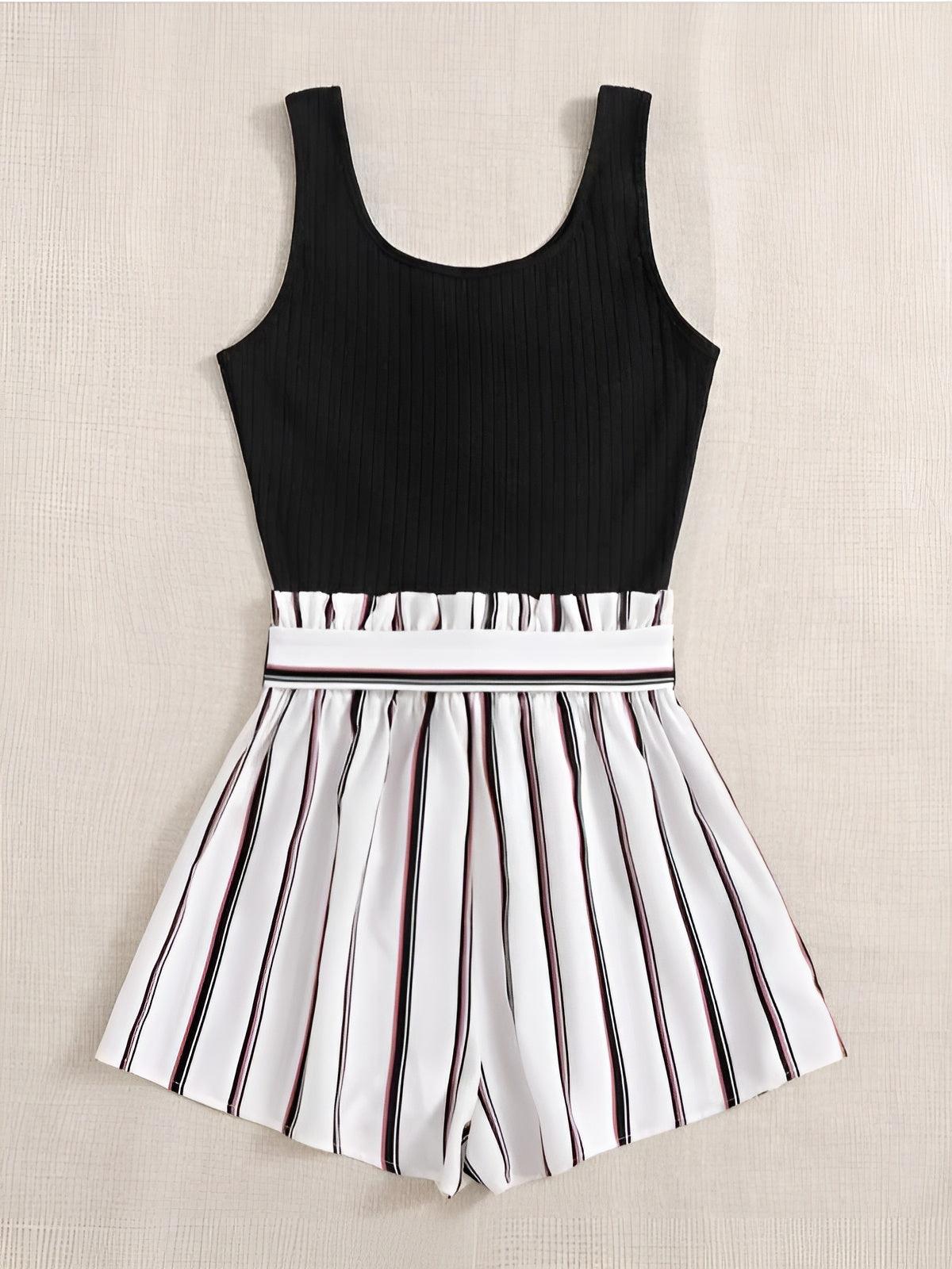 Round Neck Striped Belted Romper-Comfy Jumpsuits