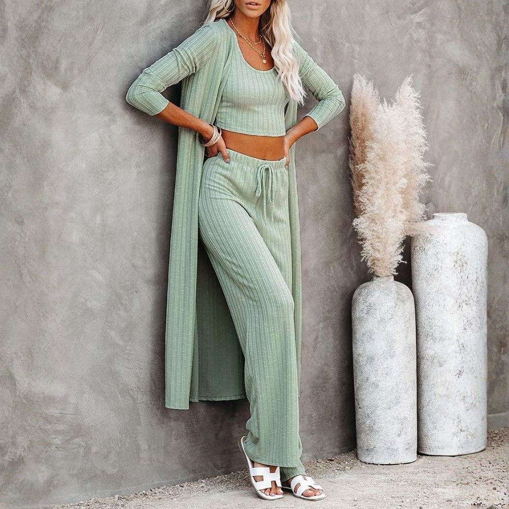 Women's 3 Piece Lounge Sets Pajamas Knit Long Sleeve Cardigan Crop Top Wide Leg Pants