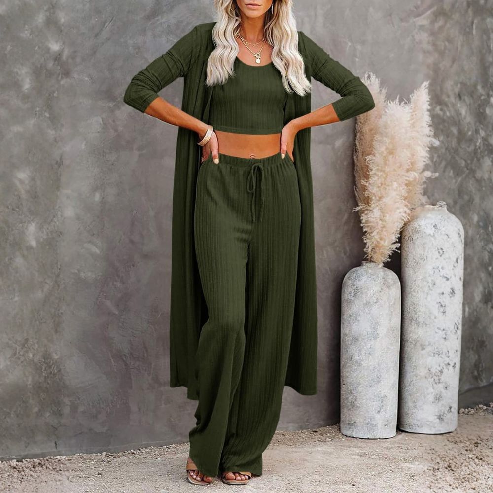 Women's 3 Piece Lounge Sets Pajamas Knit Long Sleeve Cardigan Crop Top Wide Leg Pants