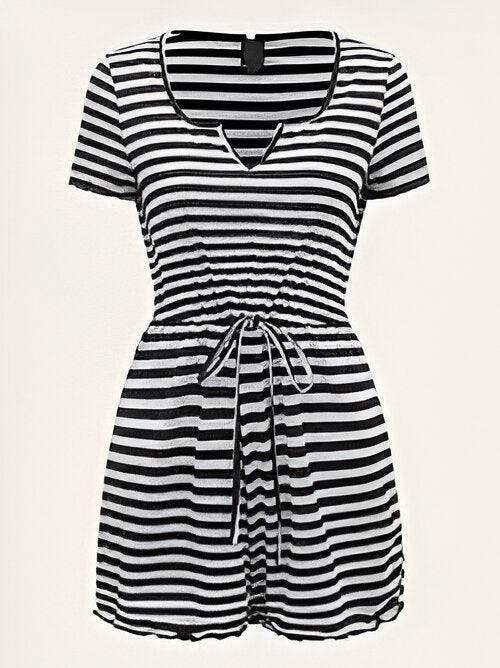Striped Print Drawstring Waist Romper-Comfy Jumpsuits