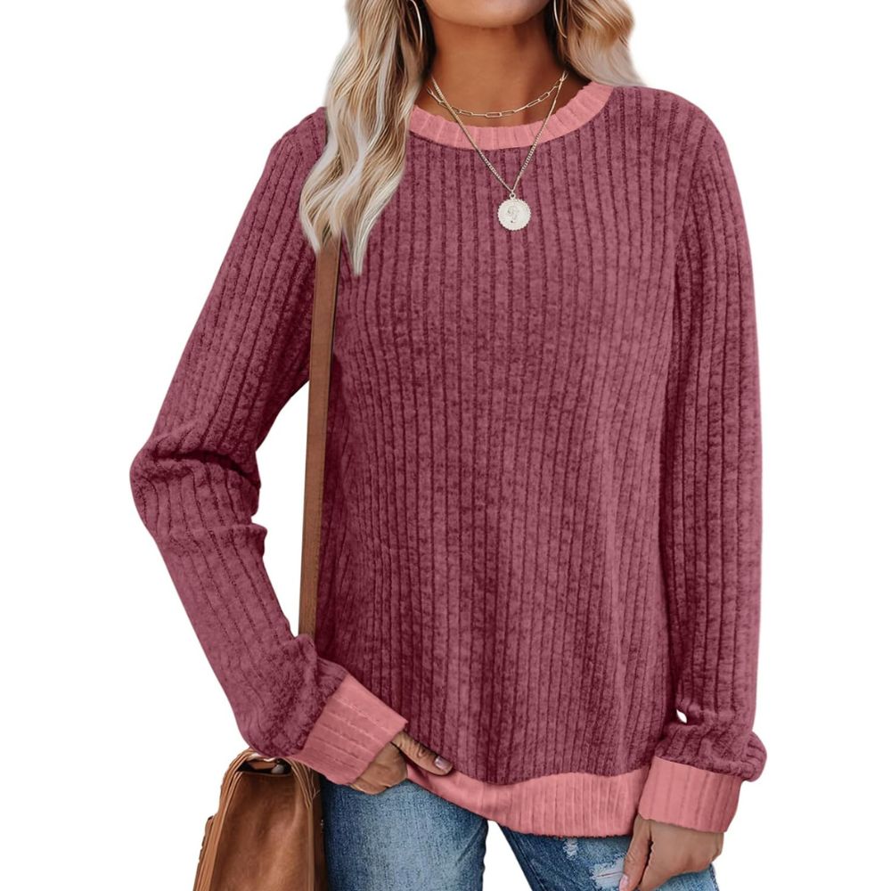 Tops Long Sleeve Shirts Lightweight Sweaters Loose Fit Crewneck Color Block