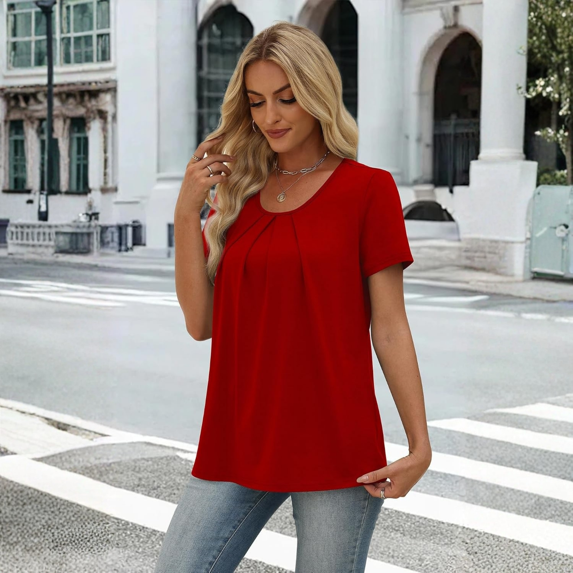 Casual Pleated Short Sleeve Shirts For Women
