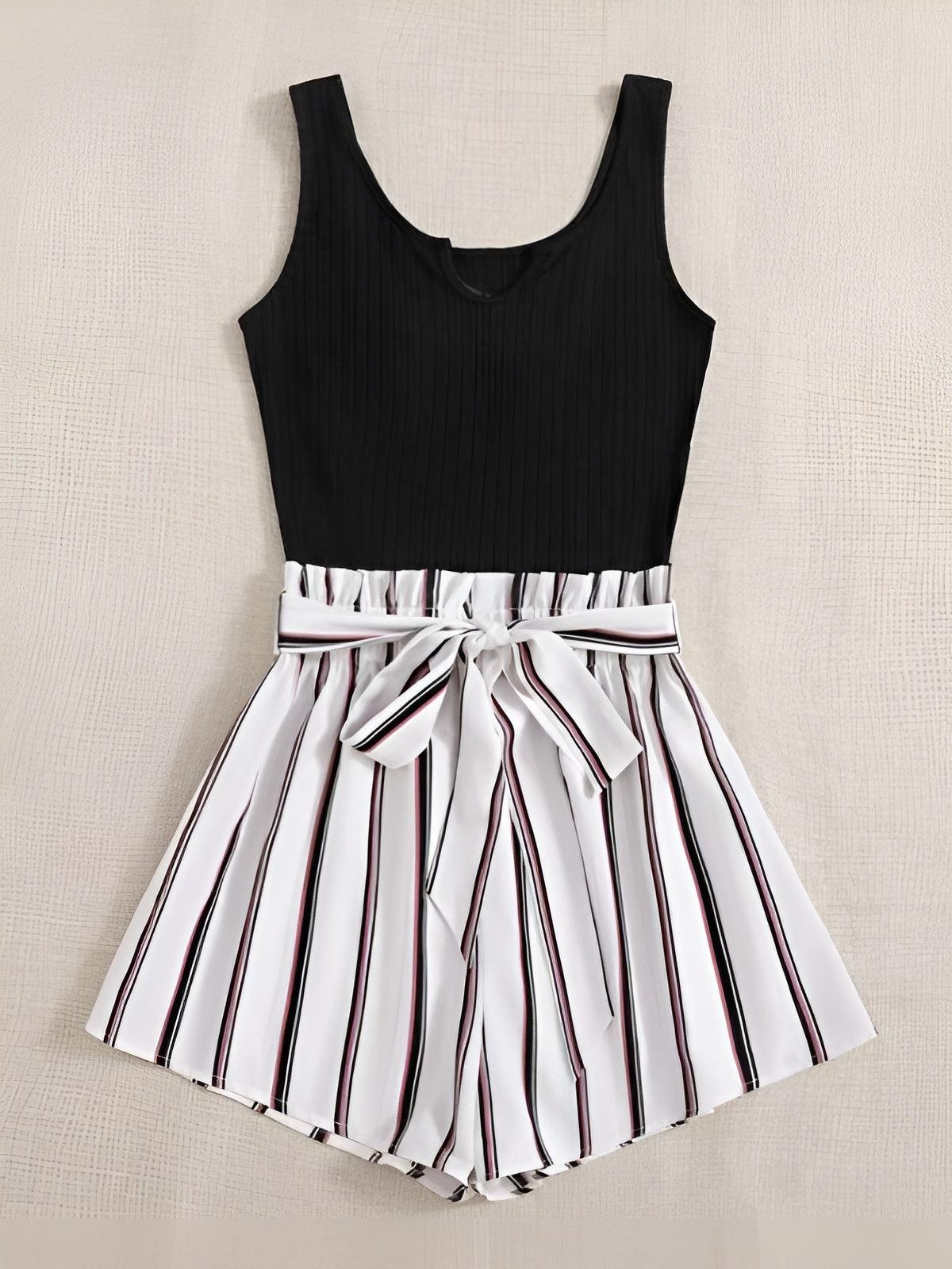 Round Neck Striped Belted Romper-Comfy Jumpsuits