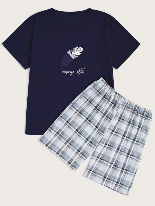 Feather And Plaid Print Pajama Set