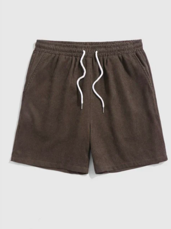 Men's 2 Piece Outfits Casual Basic Solid Color Pocket Corduroy Short Sleeves Button Up Shirt And Drawstring Shorts Set