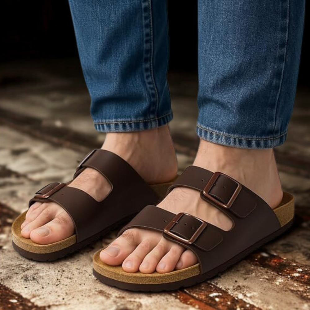 Men Footbed Sandals with Adjustable Buckle and Leather Insole