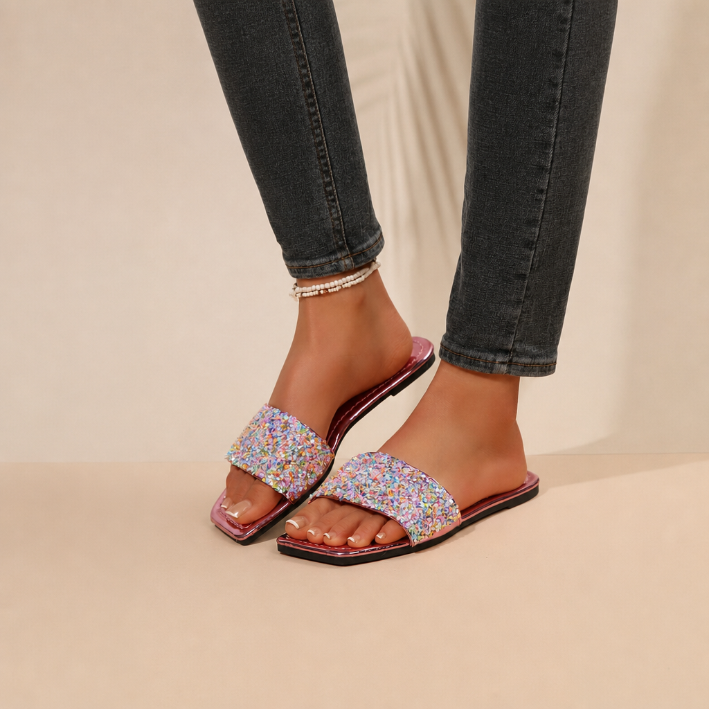 Metallic Mirror Square Toe Slides Vacation For Women