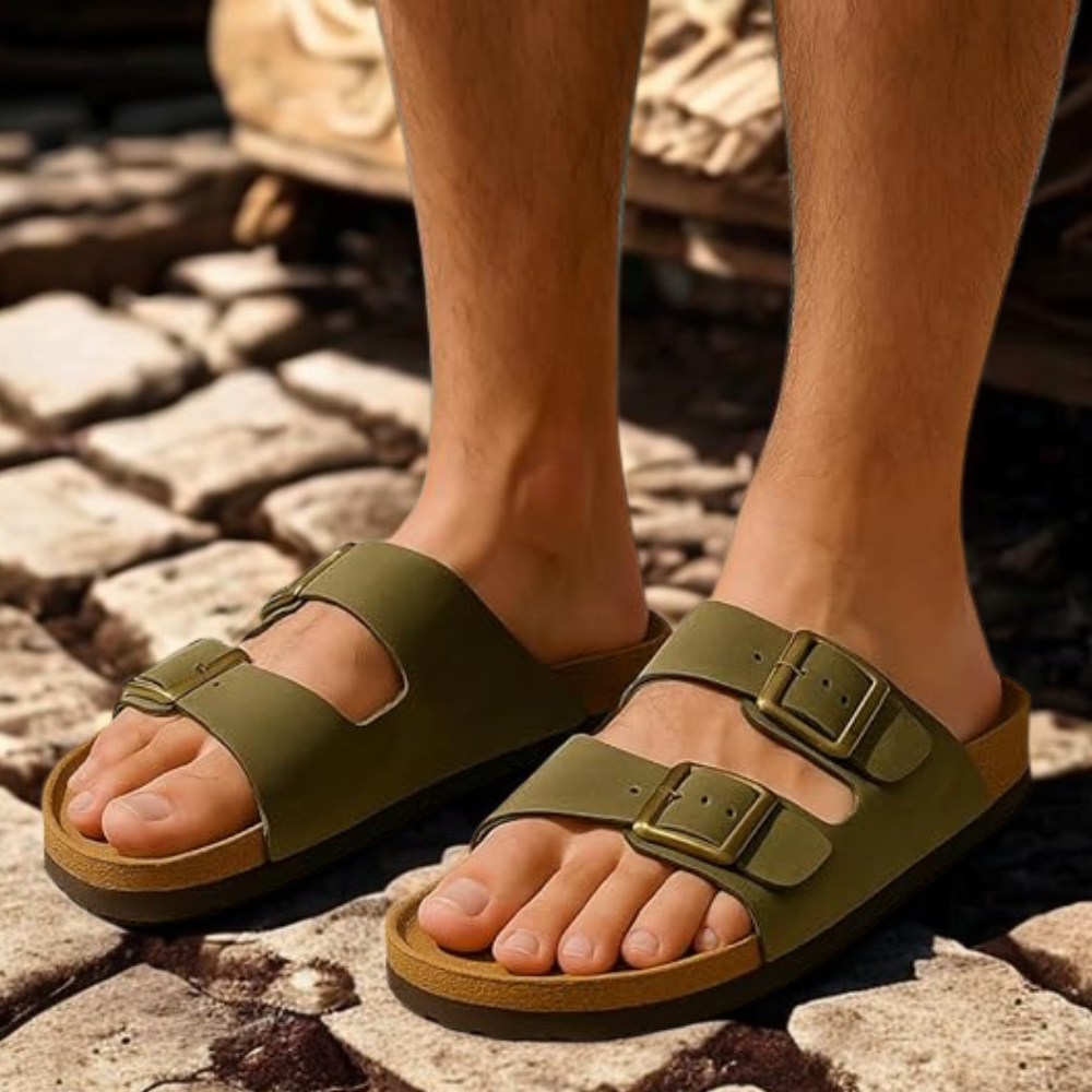 Mens Cork Footbed Sandals with Adjustable Buckle and Leather Insole