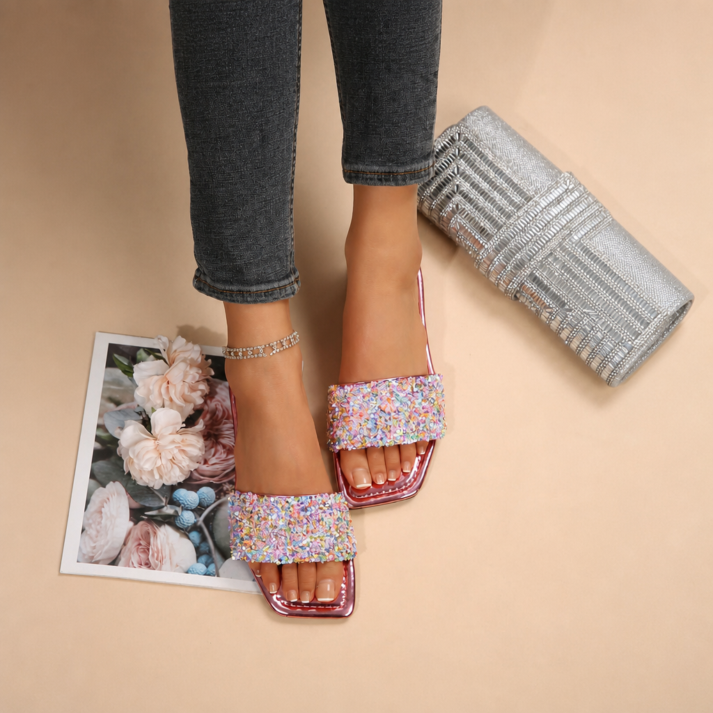 Metallic Mirror Square Toe Slides Vacation For Women
