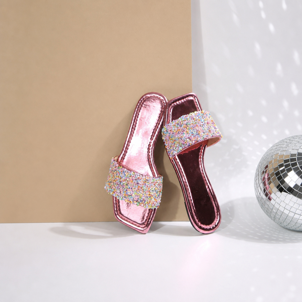 Metallic Mirror Square Toe Slides Vacation For Women