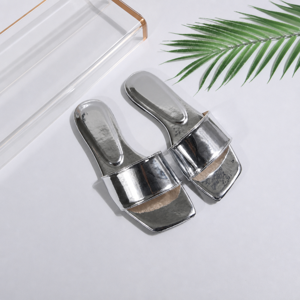 Metallic Mirror Square Toe Slides Vacation For Women