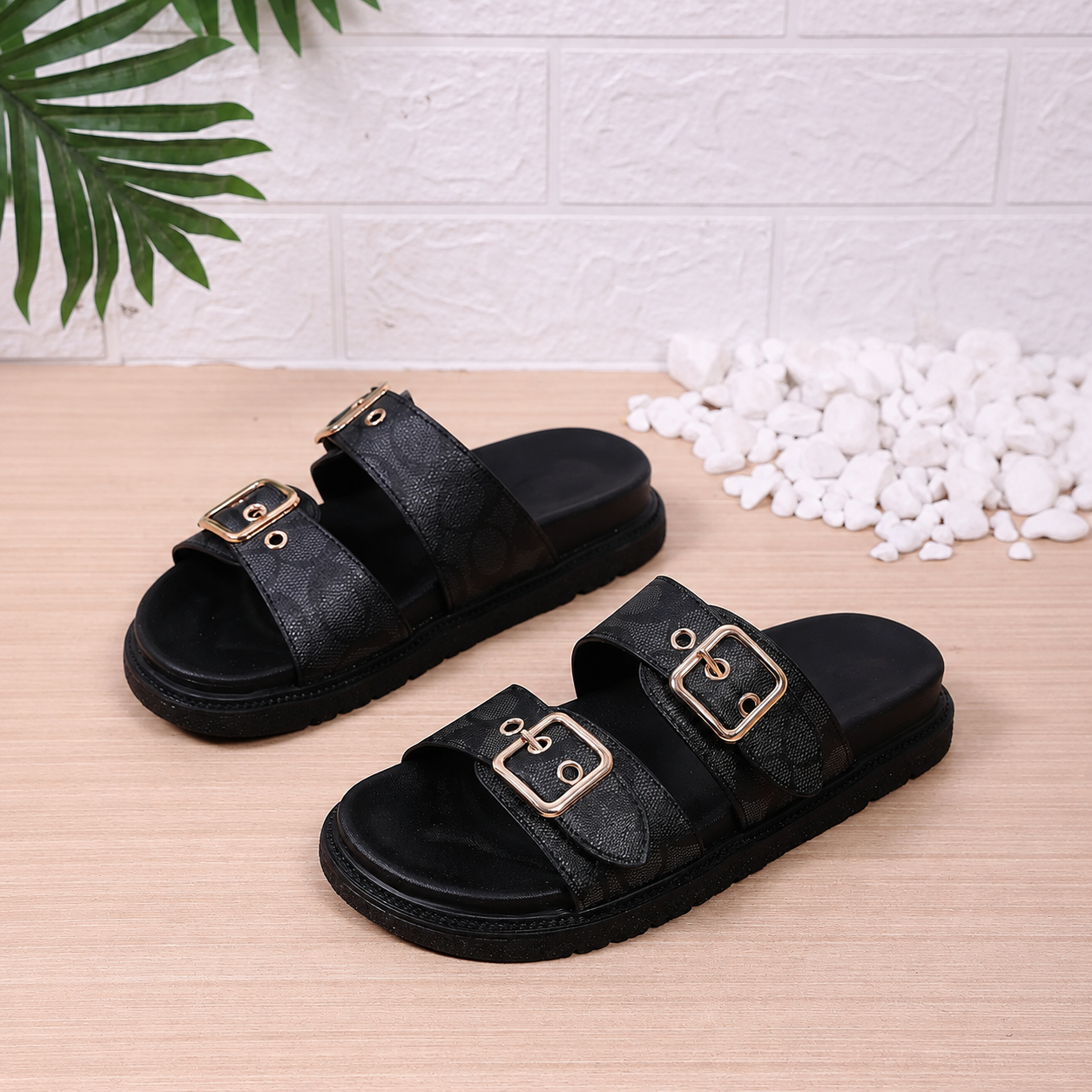 Floral Double Buckle Platform Sandals with Thick Sole for Women