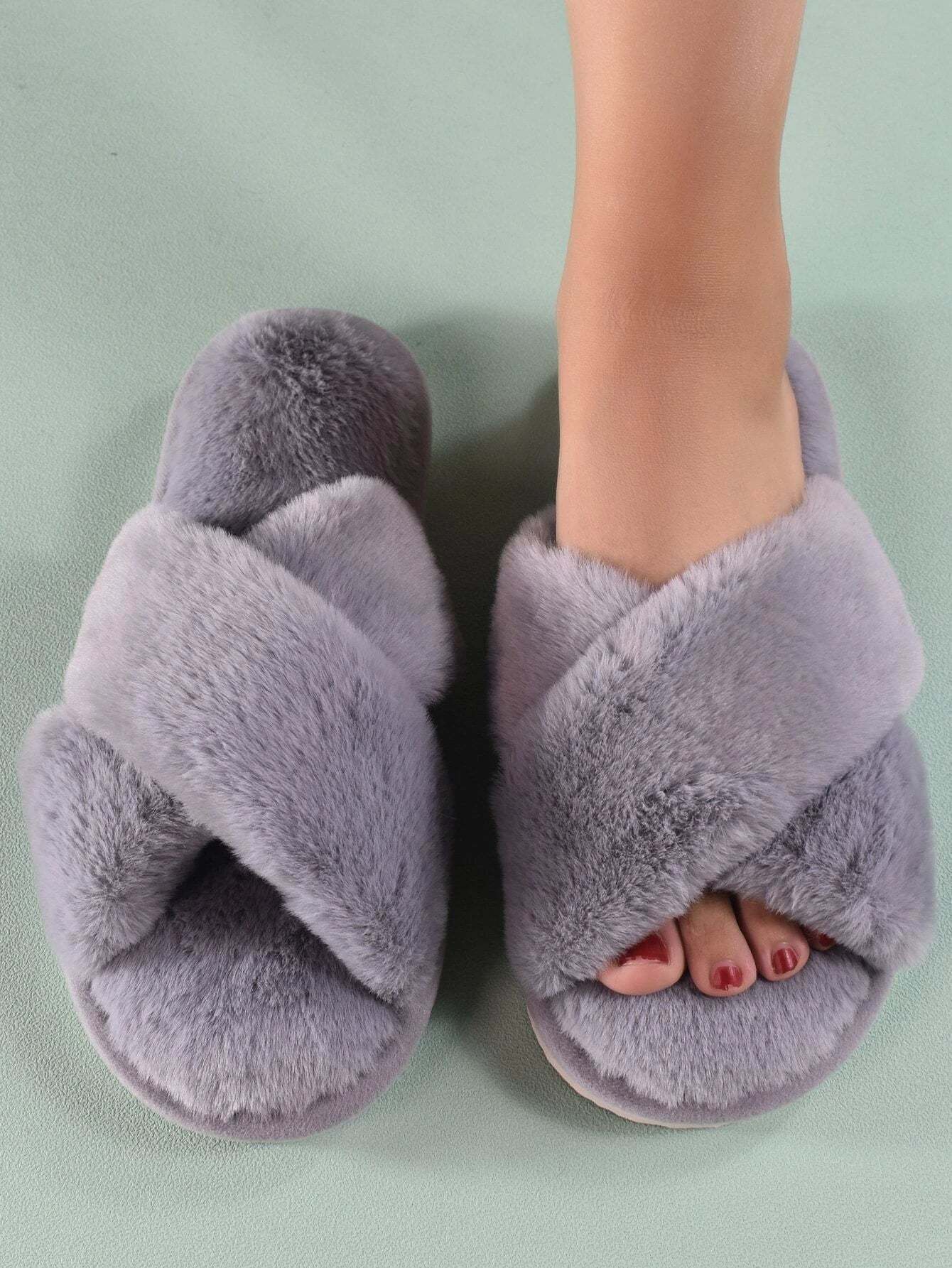 Cross Strap Fluffy Bedroom Slippers