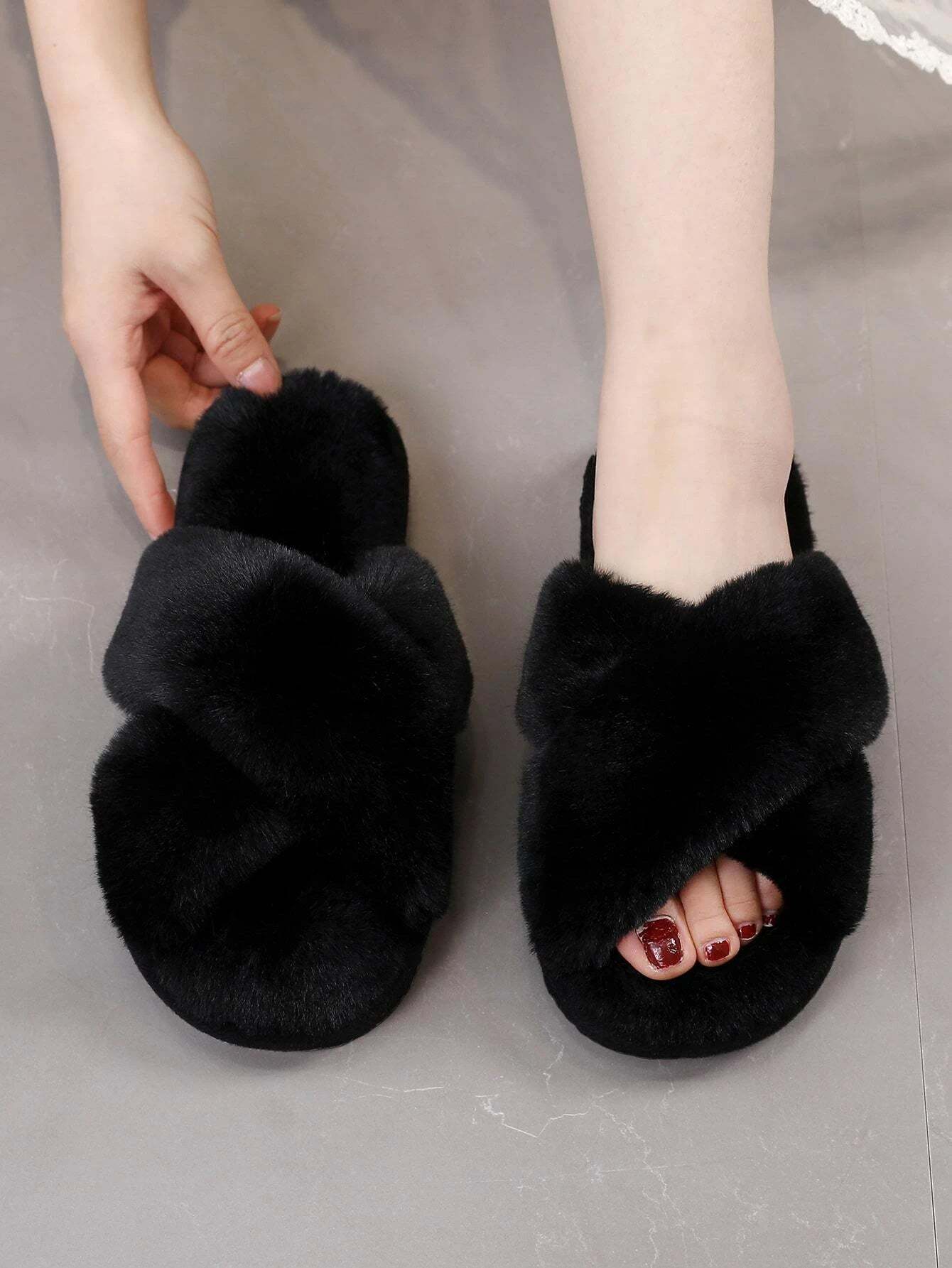 Cross Strap Fluffy Bedroom Slippers