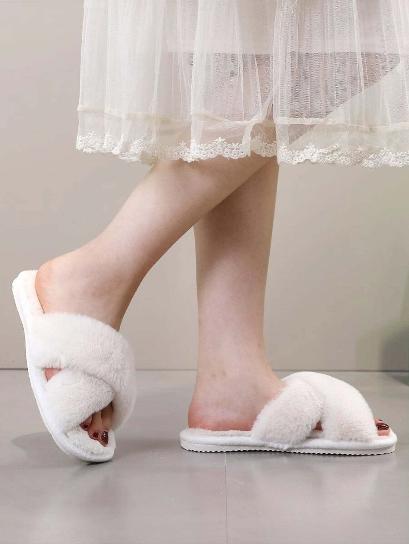 Cross Strap Fluffy Bedroom Slippers