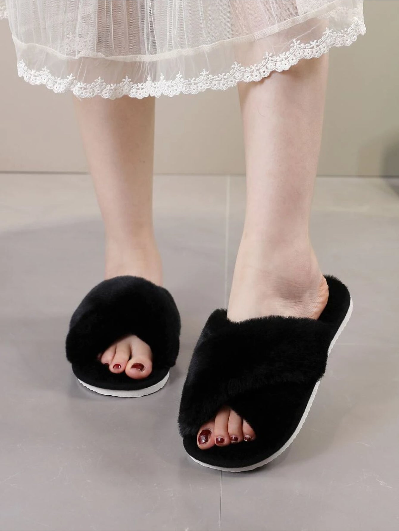 Cross Strap Fluffy Bedroom Slippers