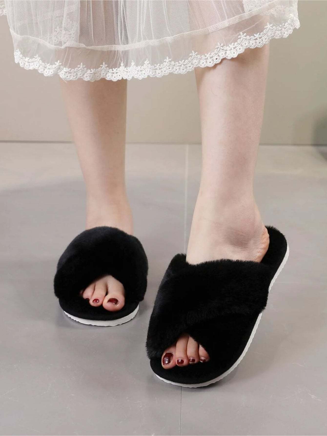 Cross Strap Fluffy Bedroom Slippers