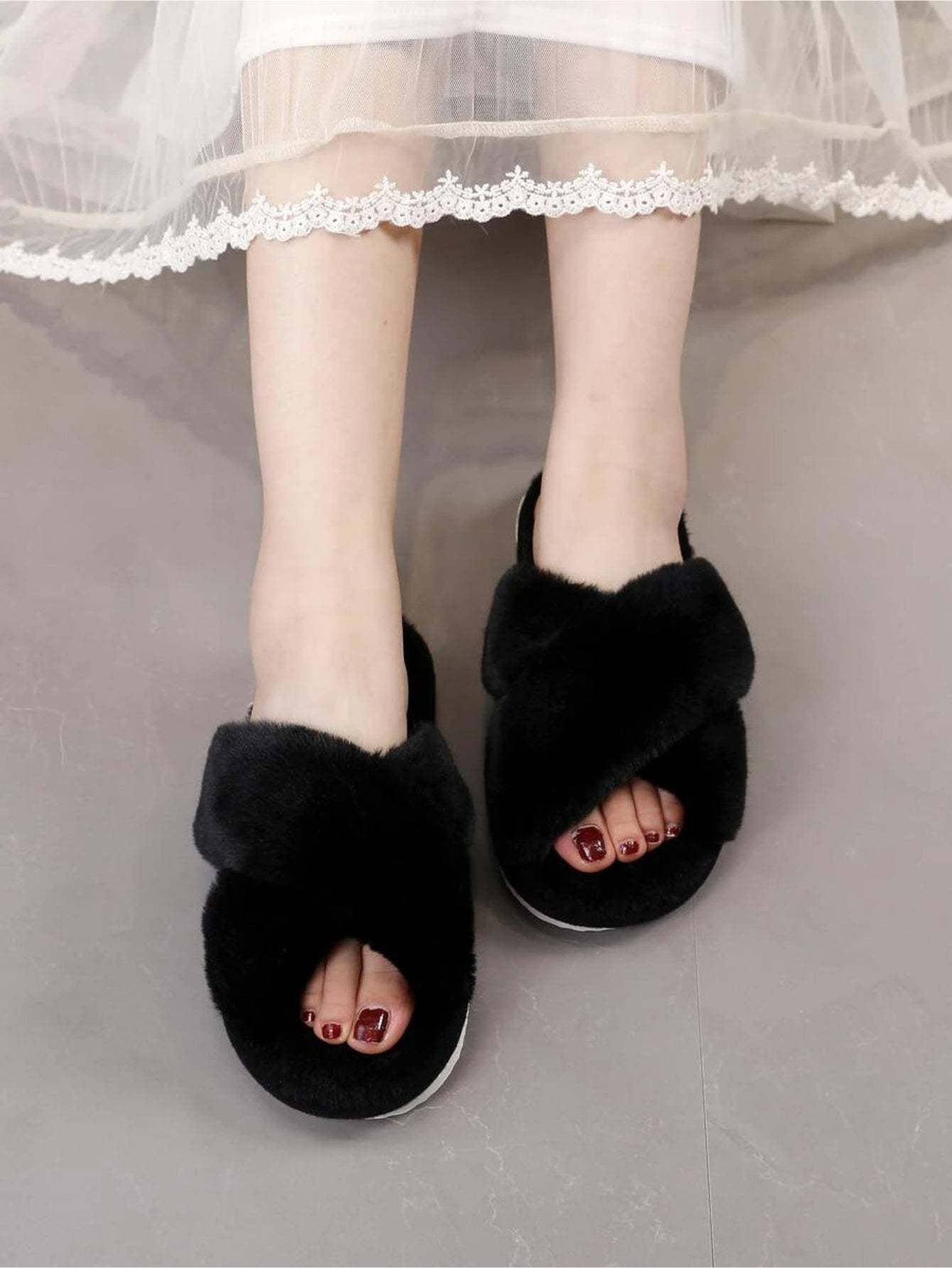 Cross Strap Fluffy Bedroom Slippers