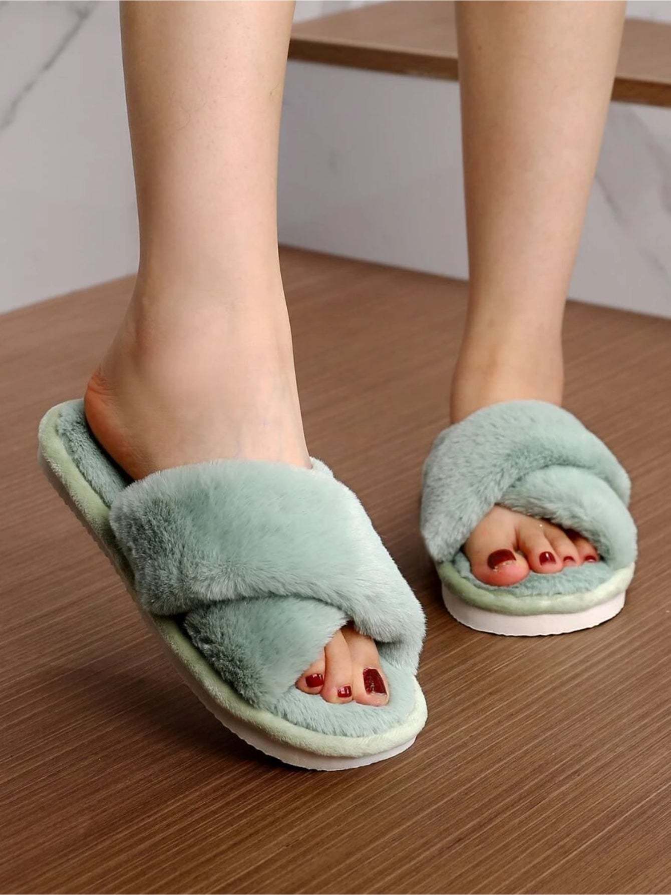 Cross Strap Fluffy Bedroom Slippers
