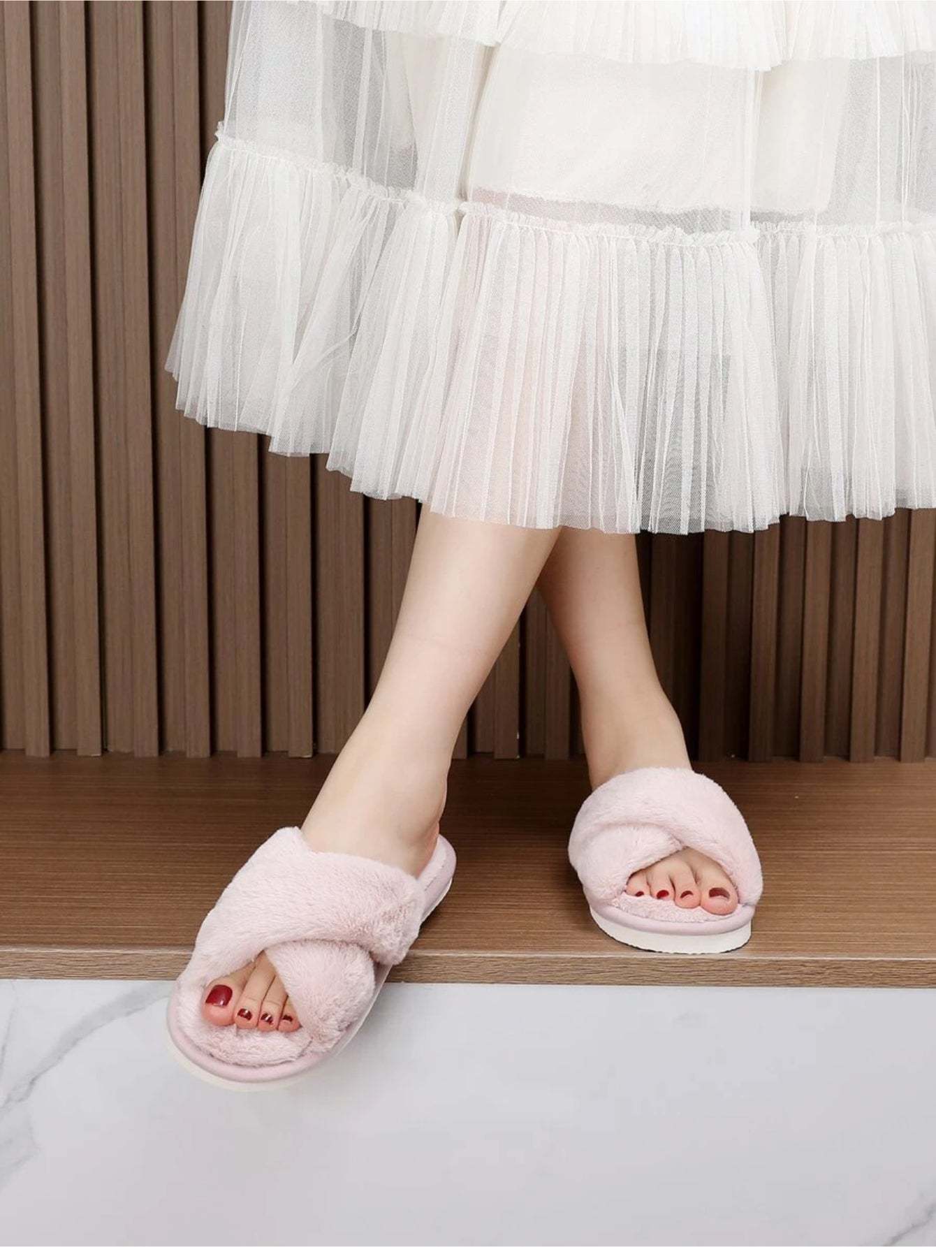 Cross Strap Fluffy Bedroom Slippers