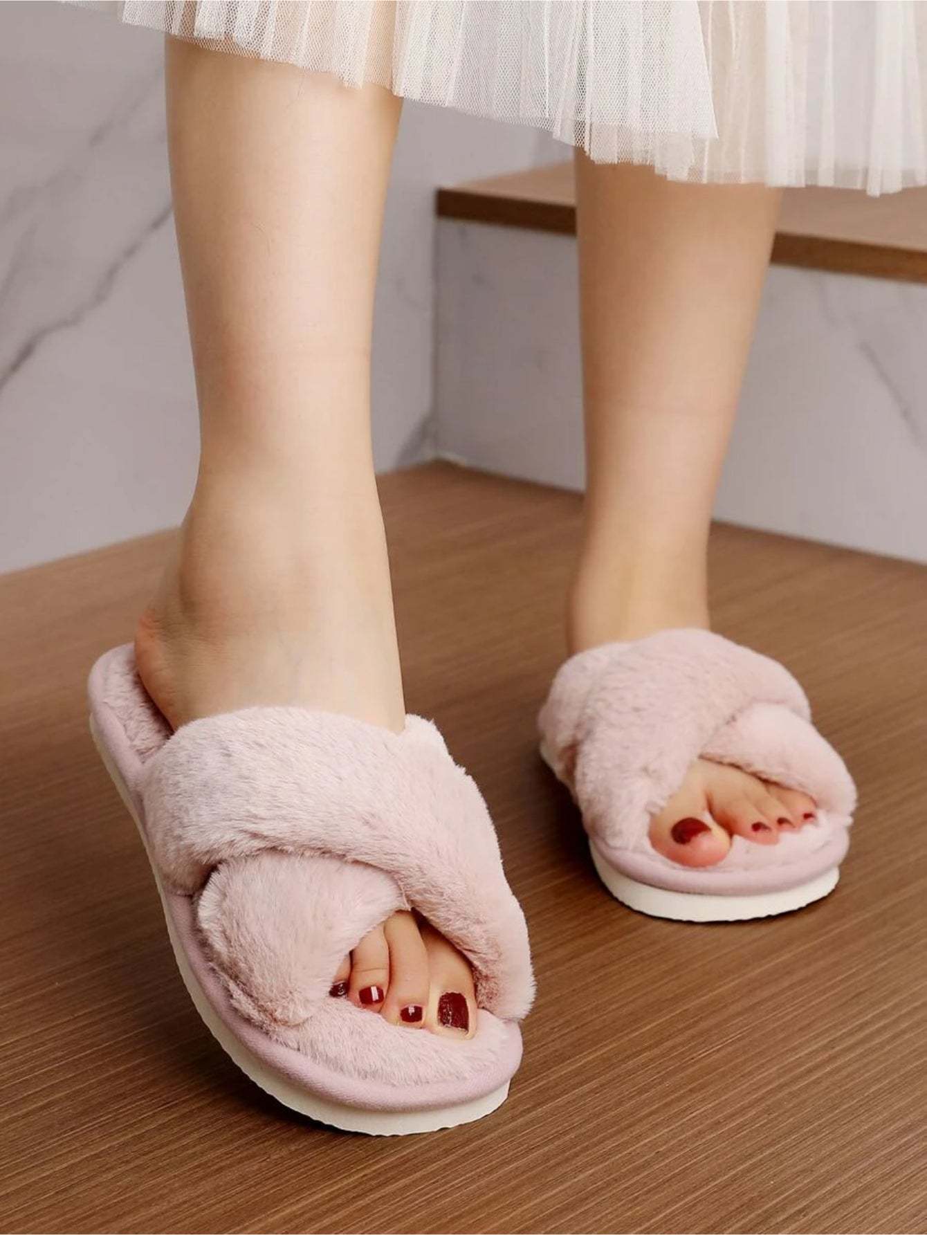 Cross Strap Fluffy Bedroom Slippers