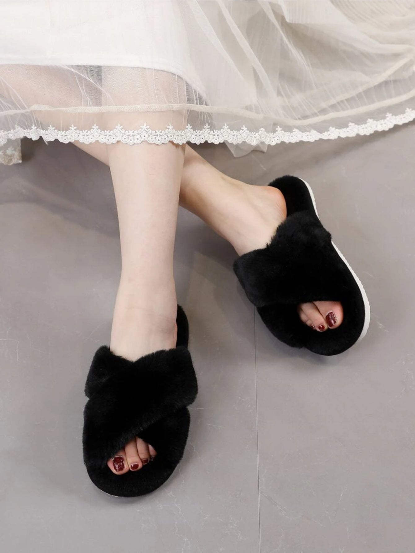 Cross Strap Fluffy Bedroom Slippers