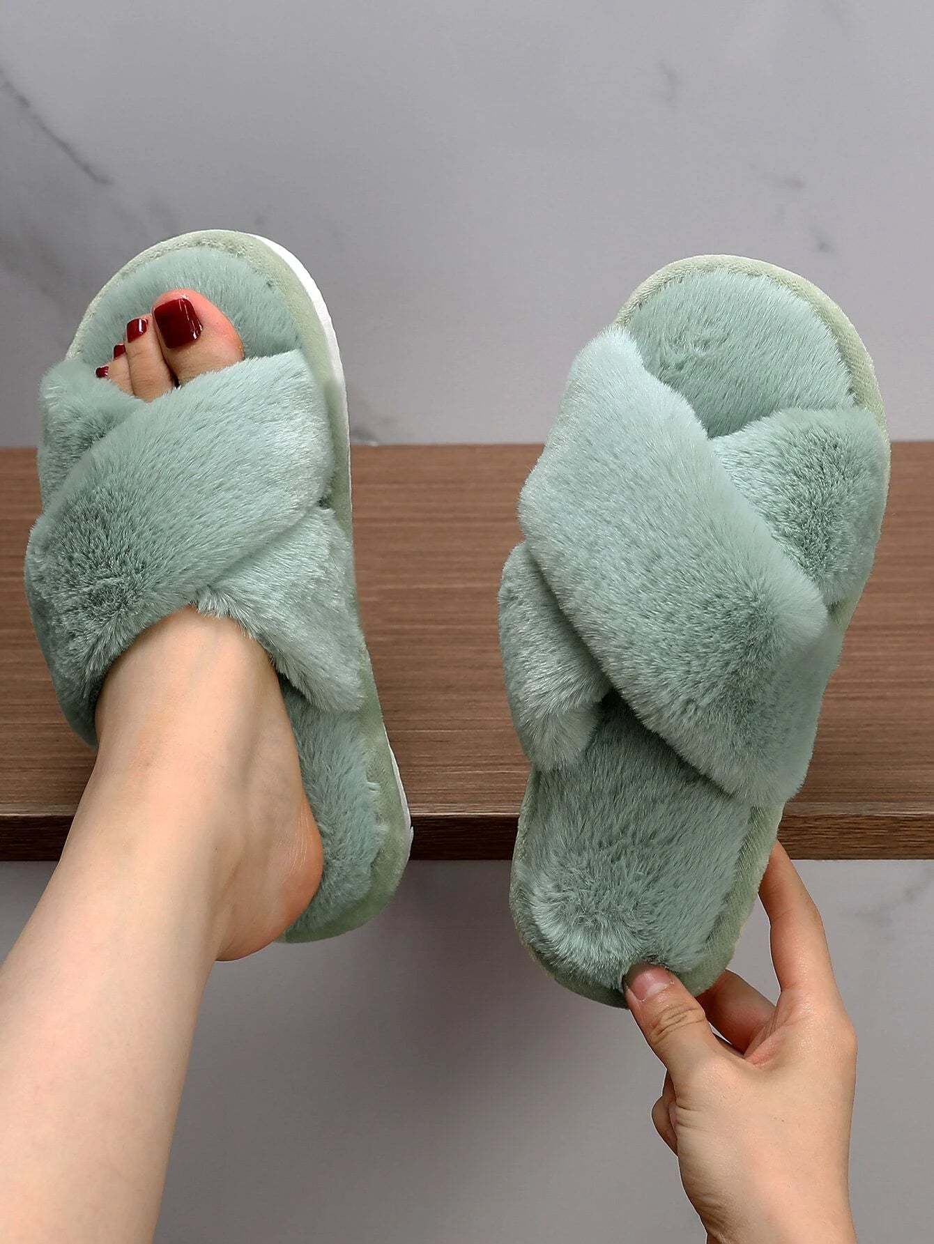 Cross Strap Fluffy Bedroom Slippers