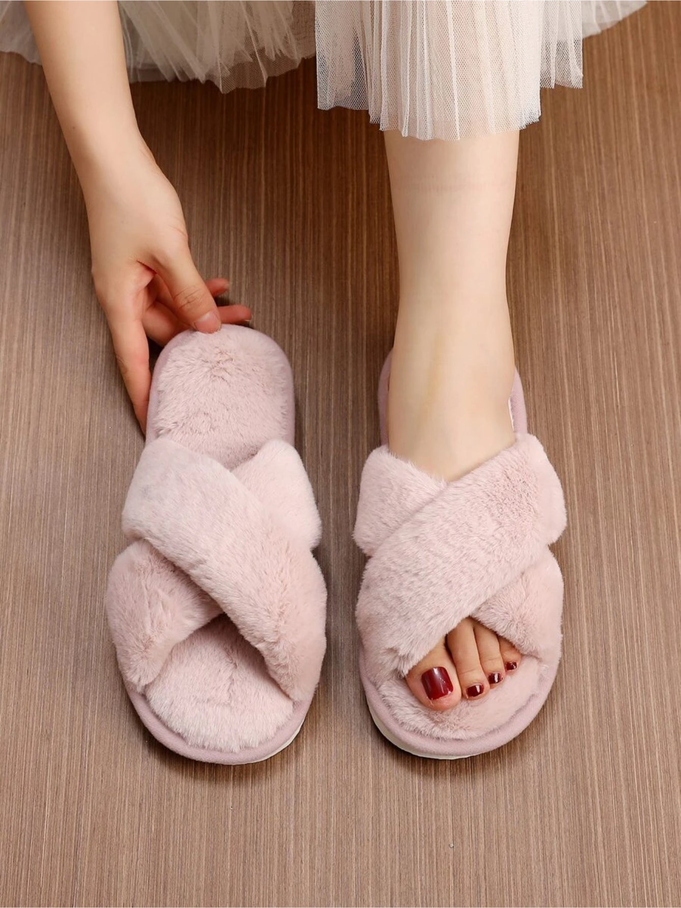 Cross Strap Fluffy Bedroom Slippers