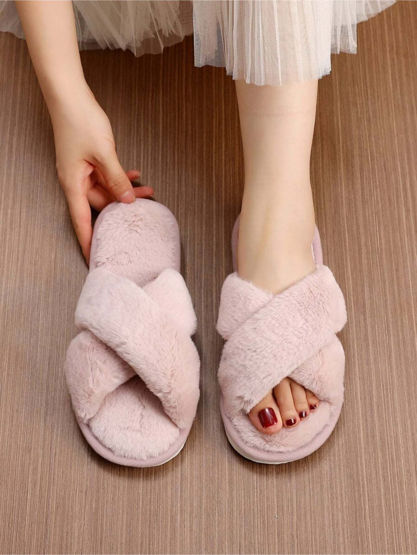 Cross Strap Fluffy Bedroom Slippers
