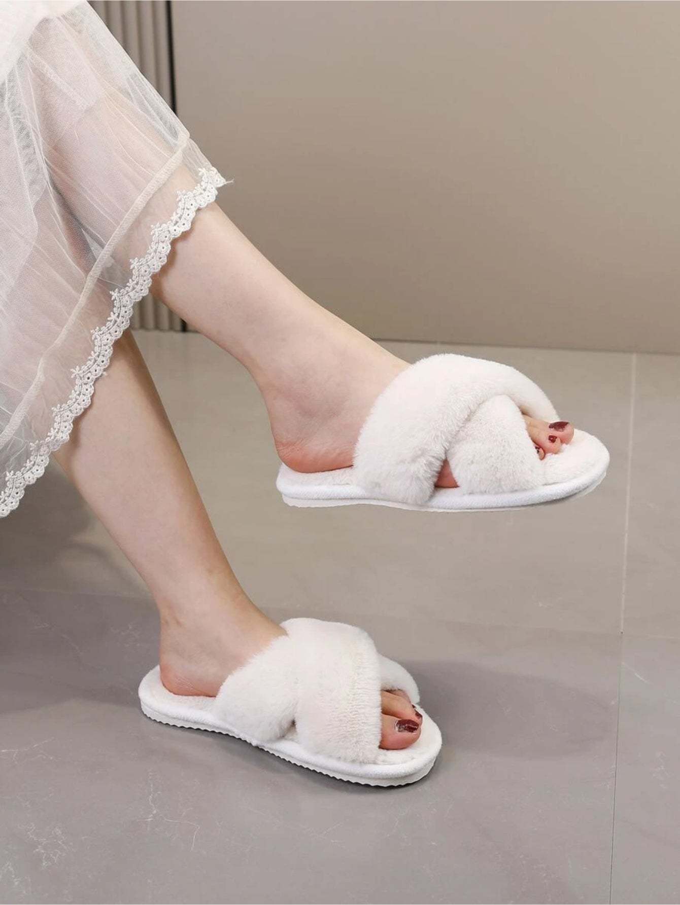 Cross Strap Fluffy Bedroom Slippers