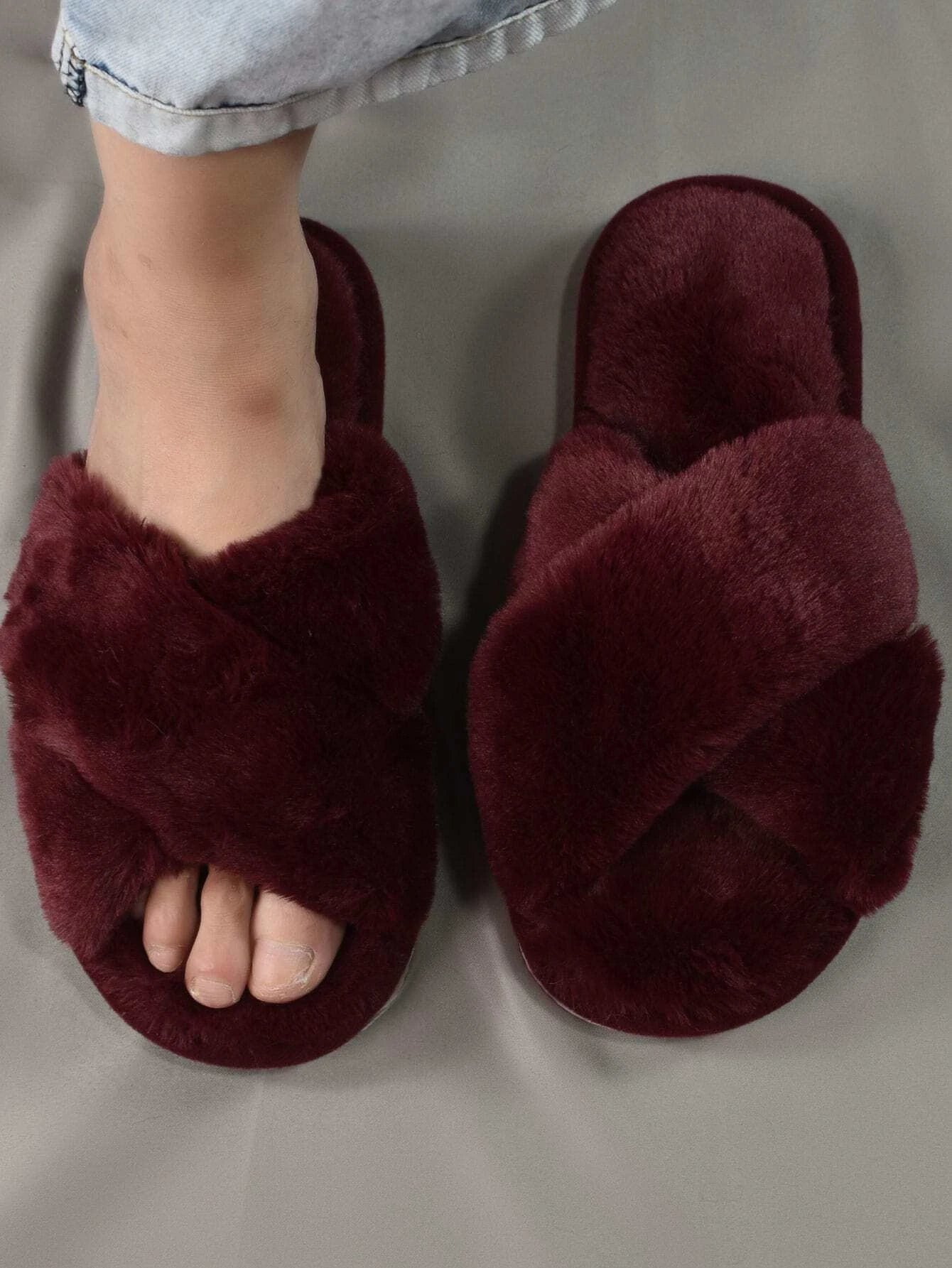 Cross Strap Fluffy Bedroom Slippers