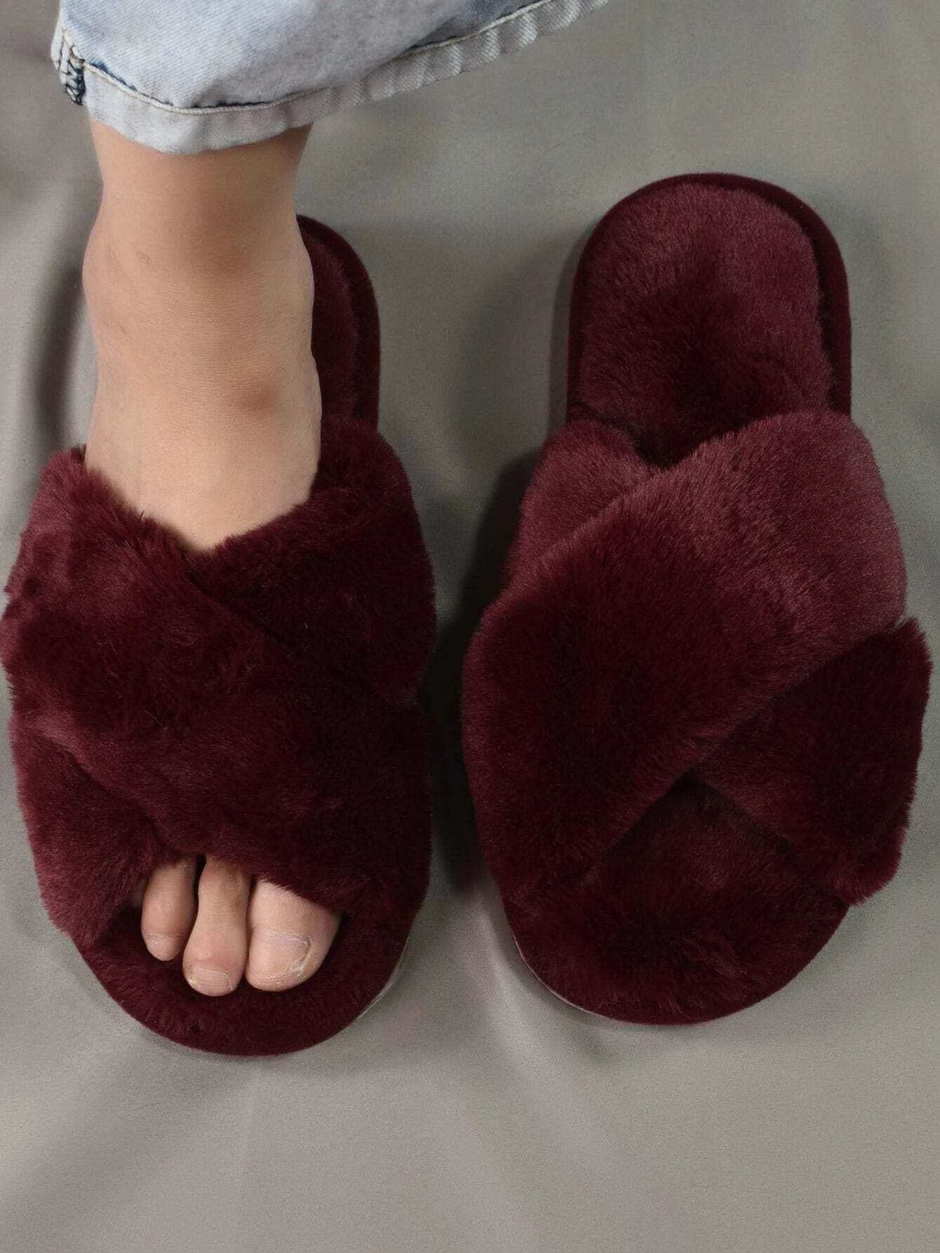 Cross Strap Fluffy Bedroom Slippers