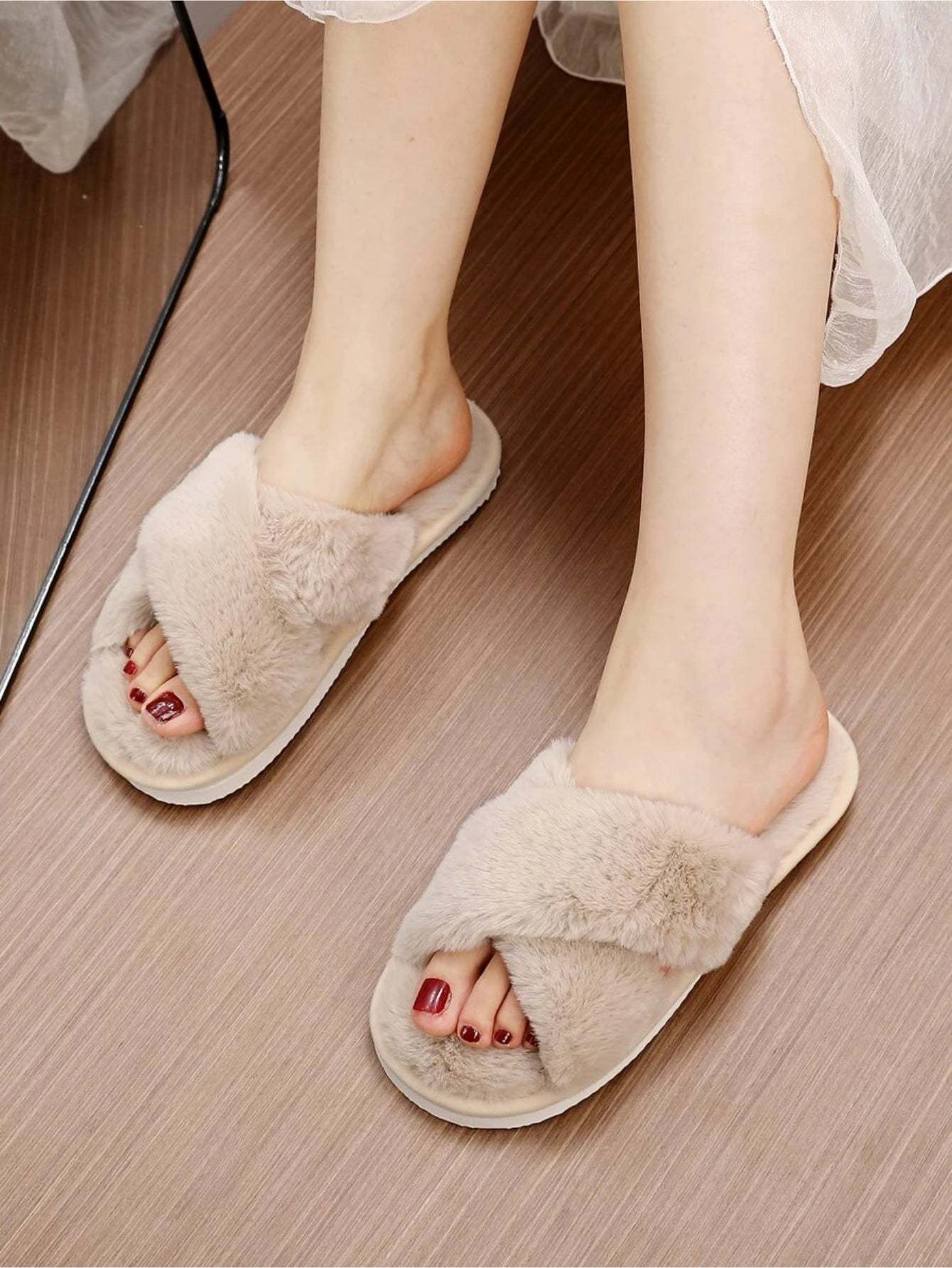 Cross Strap Fluffy Bedroom Slippers