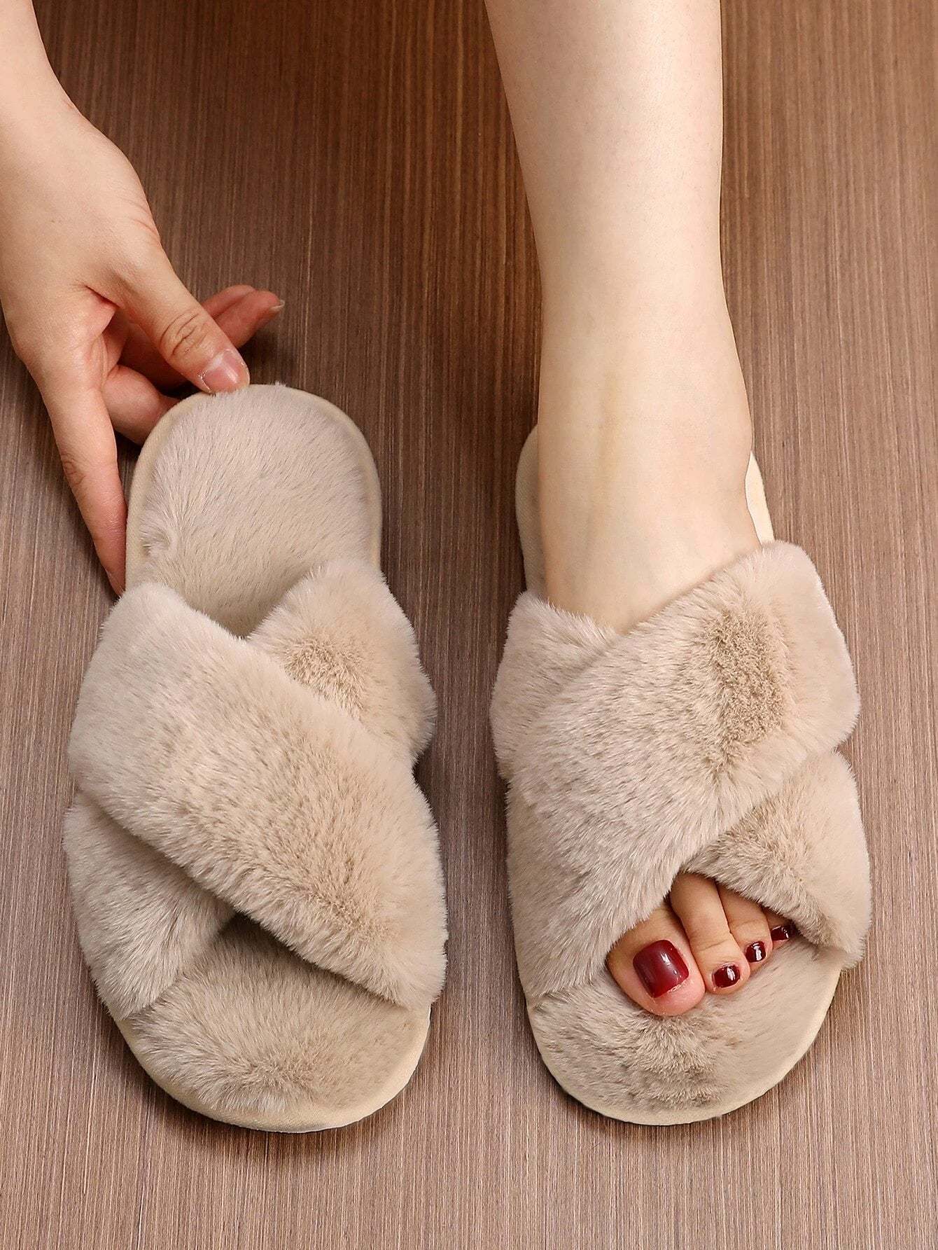 Cross Strap Fluffy Bedroom Slippers