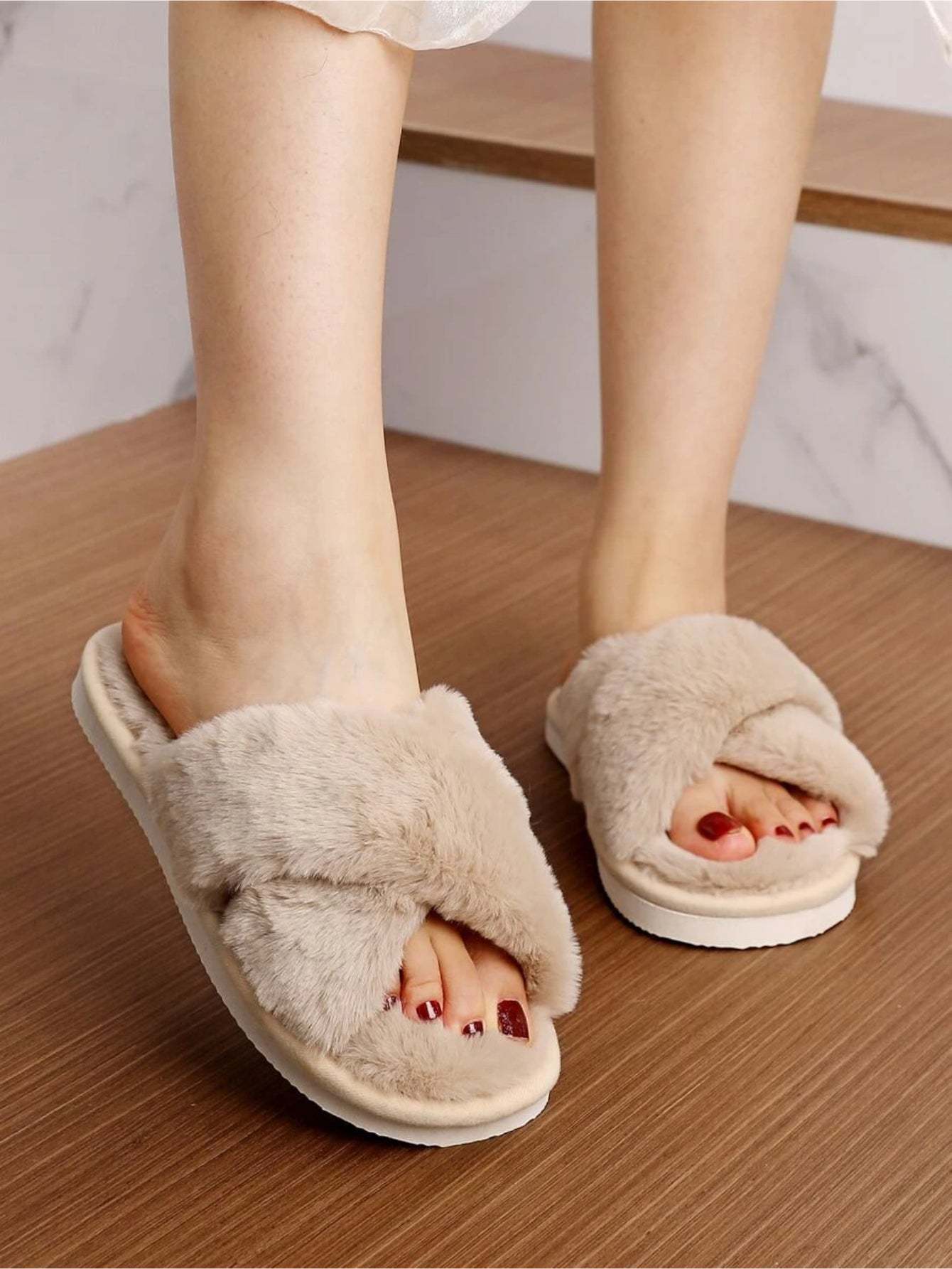 Cross Strap Fluffy Bedroom Slippers