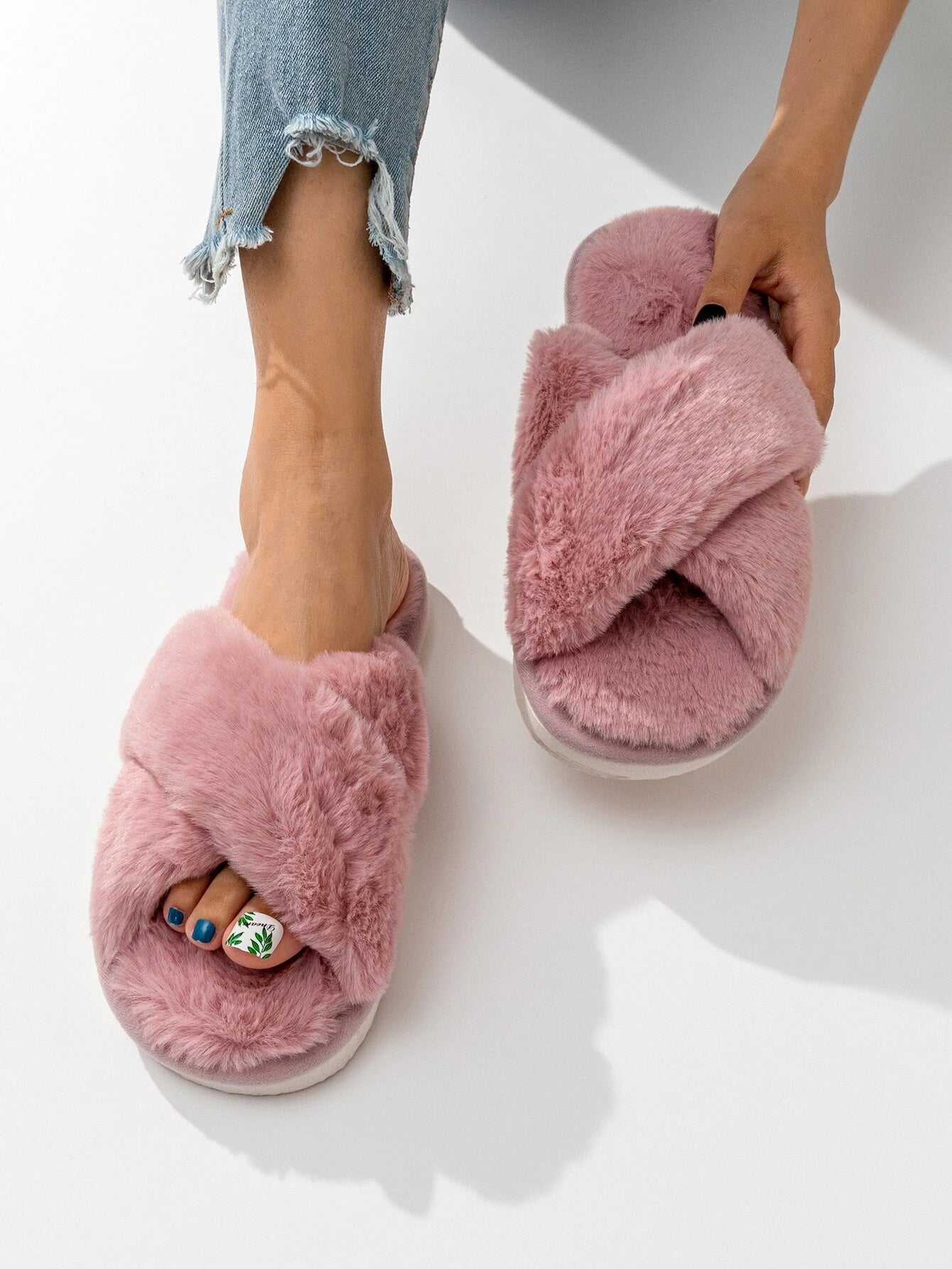 Cross Strap Fluffy Bedroom Slippers