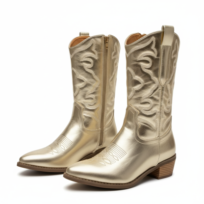 Side Zipper Mid Calf Cowboy Boots