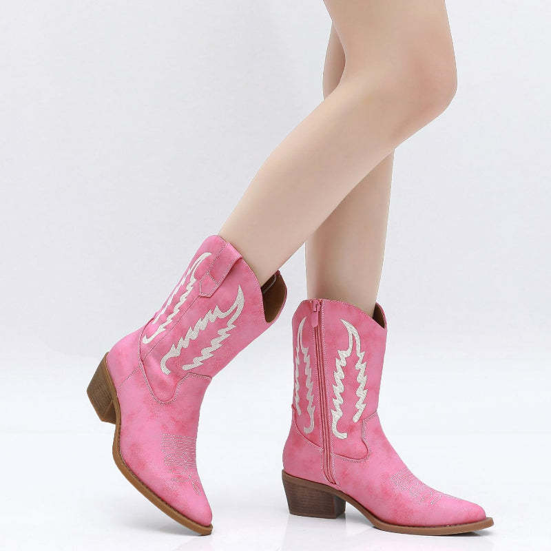 Zip Up Embroidery Shaft Boots