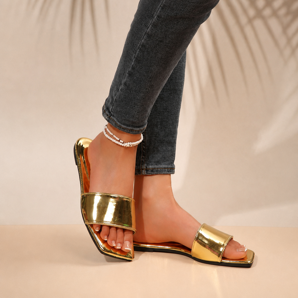 Metallic Mirror Square Toe Slides Vacation For Women