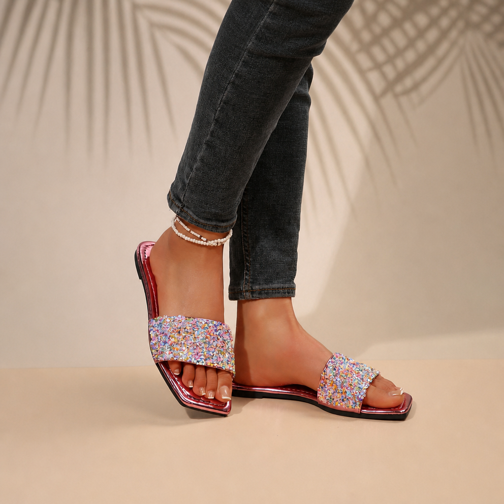 Metallic Mirror Square Toe Slides Vacation For Women