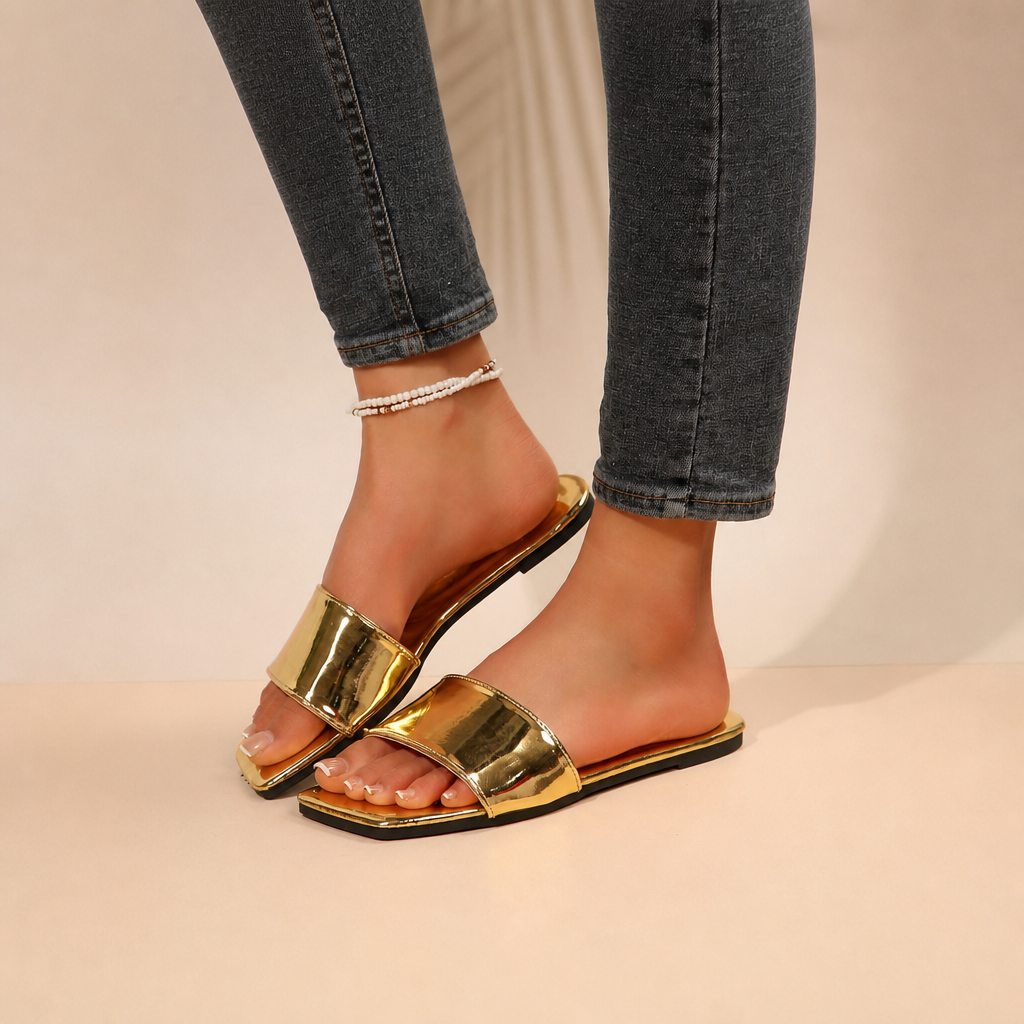 Metallic Mirror Square Toe Slides Vacation For Women
