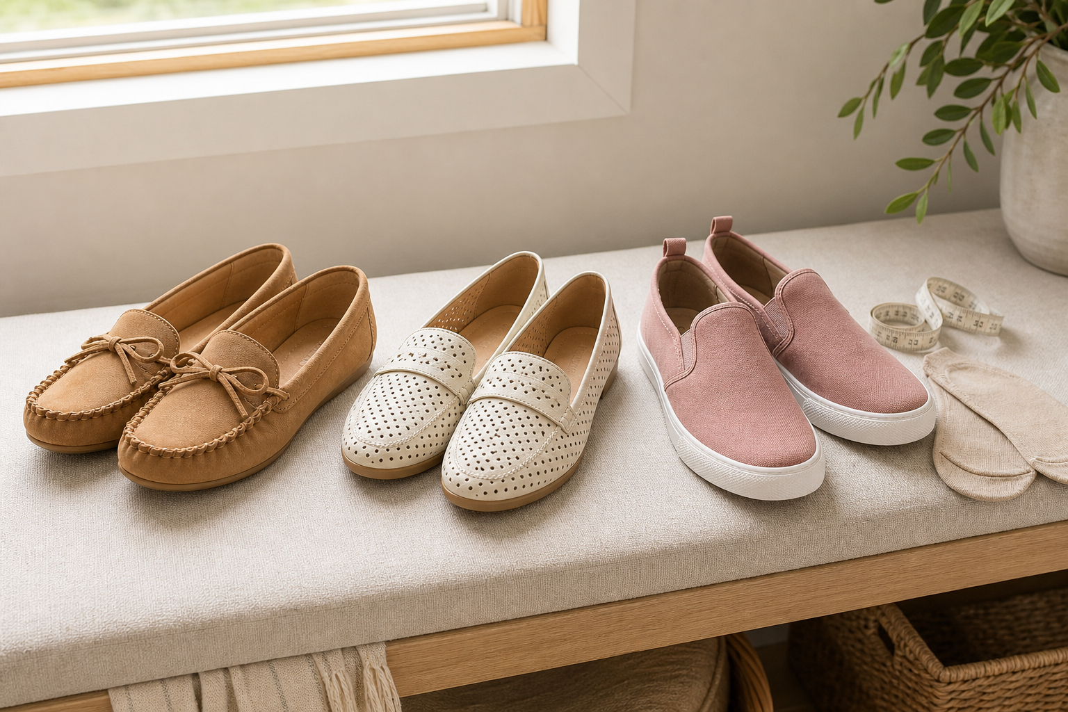 Tan moccasins, cream perforated loafers and rose slip-on sneakers arranged with a measuring tape and no-show socks