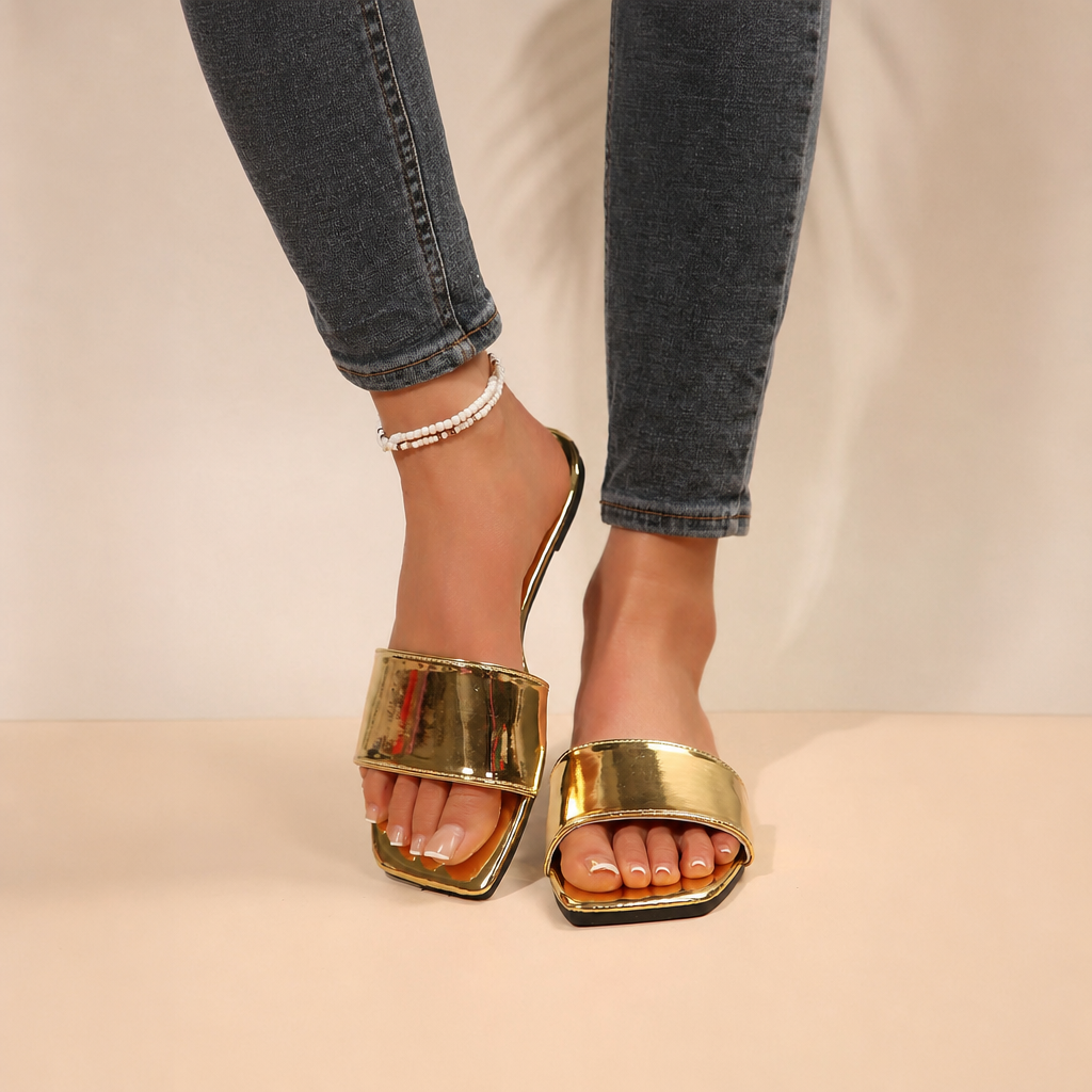 Metallic Mirror Square Toe Slides Vacation For Women
