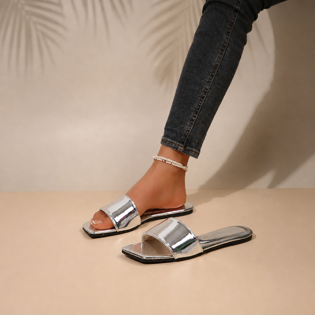 Metallic Mirror Square Toe Slides Vacation For Women